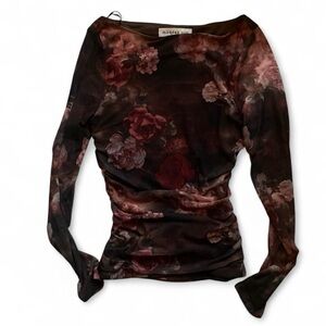 Madden Girl romantic Sheer floral mesh top long sleeves and ruching small NWT